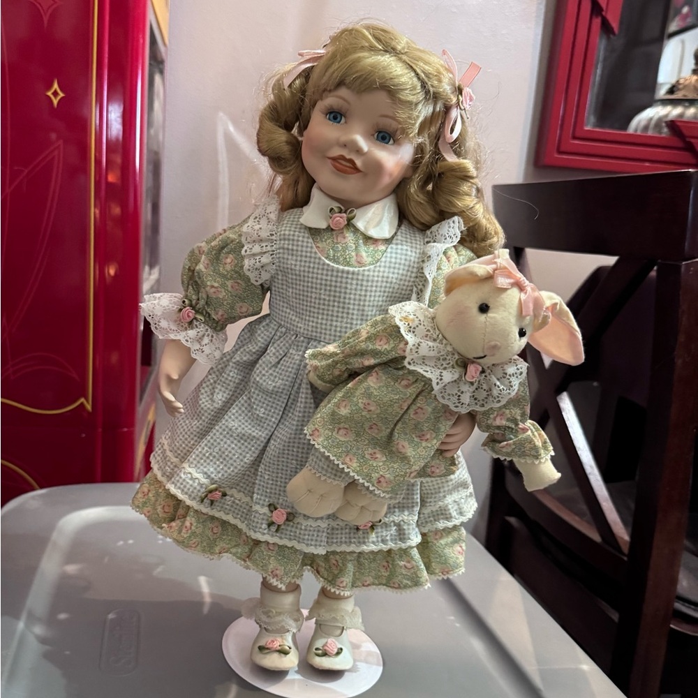 Charming Porcelain Doll with Plush Toy - Green and Pink